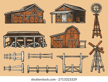 Various rustic farm buildings are displayed including barns storage sheds a windmill and wooden fences. This collection showcases country life elements in a simple artistic style.