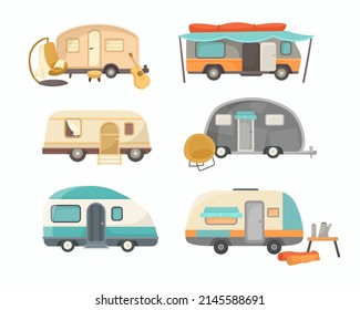 Various RV or house trailers cartoon illustration set. Vintage vans, mobile home or camping truck for travel, adventure, journey in summer family vacation. Campsite, camp, transportation concept svg
