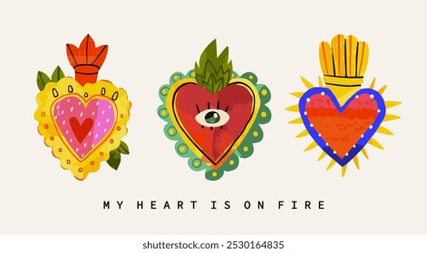 Various Sacred hearts. Three traditional colorful Mexican hearts. Cartoon style. Hand drawn trendy Vector illustration. Logo, icon, print template. Isolated design elements