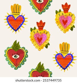 Various Sacred hearts. Three traditional colorful Mexican hearts. Cartoon style. Hand drawn trendy Vector illustration. Square seamless Pattern, background, wallpaper