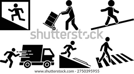 Various safety signs depicting different hazardous situations and actions