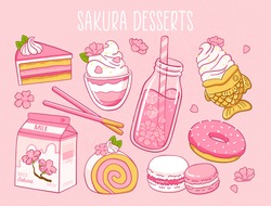 Various Sakura Products. Japanese Food. Sakura Tea, Milk, Donut, Macarons, Ice Cream, Pie. Hand Drawn Vector Set. Colored Trendy Illustration. Flat Design. All Elements Are Isolated
