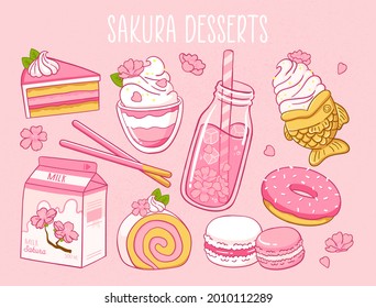 Various sakura products. Japanese food. Sakura tea, milk, donut, macarons, ice cream, pie. Hand drawn vector set. Colored trendy illustration. Flat design. All elements are isolated
