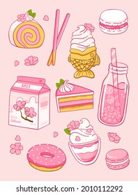 Various sakura products. Japanese food. Sakura tea, milk, donut, macarons, ice cream, pie. Hand drawn vector set. Colored trendy illustration. Flat design. All elements are isolated
