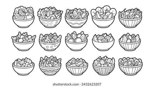 Various salad bowl element outline sketch vector illustration set 