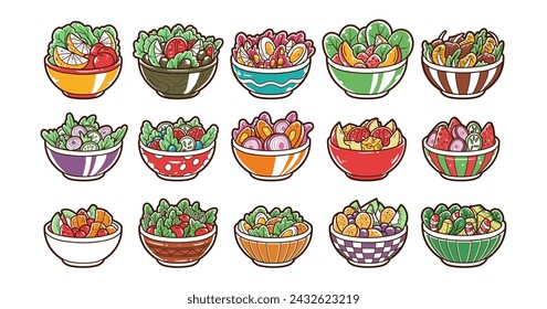 Various salad bowl element vector illustration set 