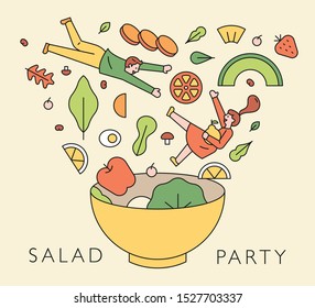 Various salad ingredients falling into the salad bowl. Falling man and woman characters with vegetables. flat design style minimal vector illustration.