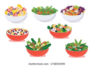 Various salads set, vegetable, fish and meat salad, healthy eating concept vector Illustrations on White Background