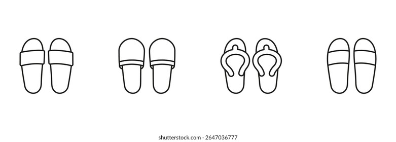 Various Sandal Types Line Icon Set. Footwear Styles, Casual Summer Shoes, And Beach Flip-Flops Outline Symbol Collection. Fashion And Comfort. Editable Stroke. Isolated Vector Illustration.