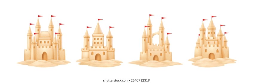 Various sandcastles with red flags designed in vector style. Neutral tones and simple forms highlight beach fun and creativity. Perfect for summer themes.