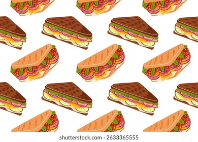Various sandwiches seamless pattern in flat style. Perfect for kitchen design, menu, restaurant decor and food package.