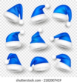 Various Santa Claus hats with fur. New Year blue hat, realistic winter cap. Christmas greeting card design element. Vector illustration