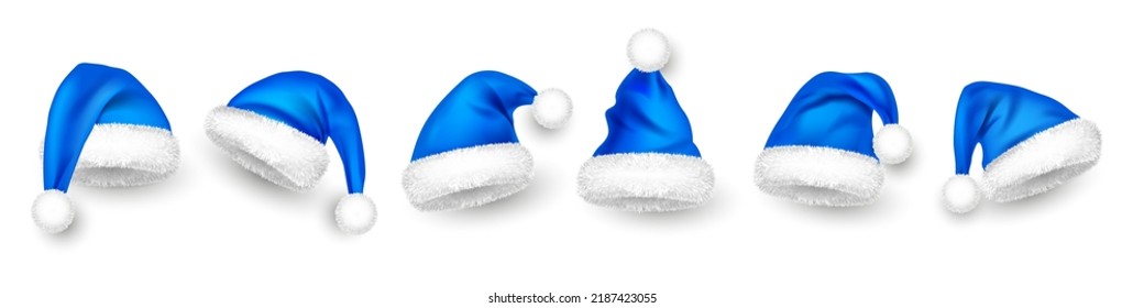 Various Santa Claus hats with fur. New Year blue hat, realistic winter cap. Christmas greeting card design element. Vector illustration