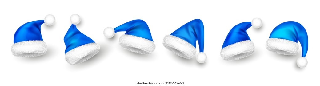 Various Santa Claus hats with fur. New Year blue hat, realistic winter cap. Christmas greeting card design element. Vector illustration