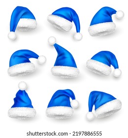 Various Santa Claus hats with fur. New Year blue hat, realistic winter cap. Christmas greeting card design element. Vector illustration