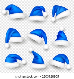 Various Santa Claus hats with fur. New Year blue hat, realistic winter cap. Christmas greeting card design element. Vector illustration