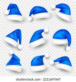 Various Santa Claus hats with fur. New Year blue hat, realistic winter cap. Christmas greeting card design element. Vector illustration