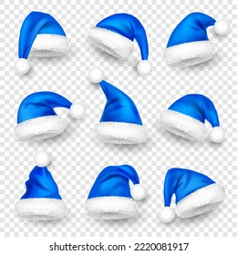 Various Santa Claus hats with fur. New Year blue hat, realistic winter cap. Christmas greeting card design element. Vector illustration