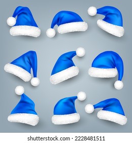 Various Santa Claus hats with fur. New Year blue hat, realistic winter cap. Christmas greeting card design element. Vector illustration