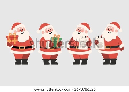 Various Santa Clauses in Festive Attire with Gifts and Lists