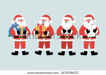 Various Santa Clauses in Festive Attire with Gifts and Lists
