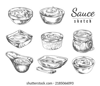 Various sauces in bowls, hand drawn sketch vector illustration isolated on white background. Set of retro dips in glass jars and bowls. Ketchup, mayo, mustard and barbecue sauces with engraving. svg