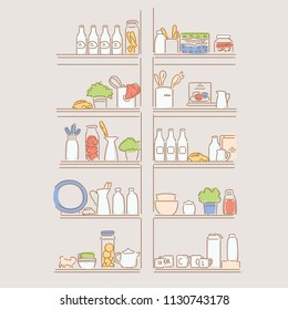 Various sauces and cooking utensils on kitchen shelves. hand drawn style vector design illustrations.