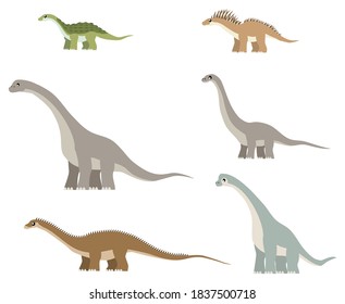 Various sauropod dinosaurs, including (clockwise from top left): Saltasaurus, Amargasaurus, Mamenchisaurus, Brachiosaurus, Diplodocus, and Sauroposeidon.