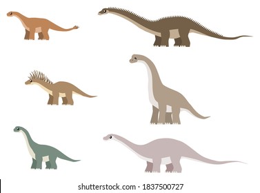 Various sauropod dinosaurs, including (clockwise from top left): Shunosaurus, Barosaurus, Giraffatitan, Apatosaurus, Camarasaurus, and Bajadasaurus.