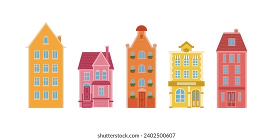 Various Scandinavian Small and tiny houses. White walls, black windows. Colorful roofs. Different facades. Nordic style. Hand drawn Vector set. Every building is isolated. European town in flat style