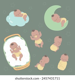 Various scenes of cute babies sleeping, such as cradle, clouds, moon, etc.