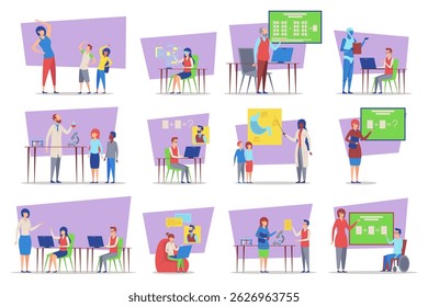 Various scenes displaying educational activities involving teachers and students in classroom settings