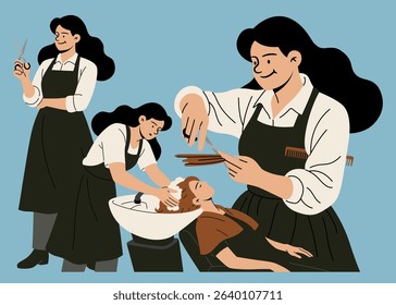 Various scenes of a female hairdresser working in a salon