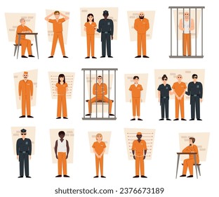 Various scenes from a prison on a white background. Vector illustration in a flat style. Prison icons set. Cartoon set of prison. Prison staff guard criminals.