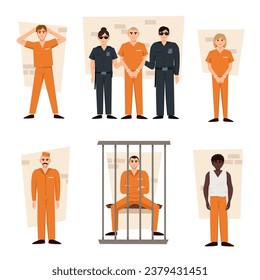 Various scenes from a prison on a white background. Vector illustration in a flat style. Prisoner men and women wearing orange prison uniforms