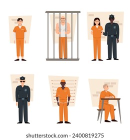 Various scenes from a prison on a white background. Vector illustration in a flat style. Prisoner men and women wearing orange prison uniforms