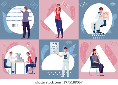 Various scenes in the work of the ophthalmological office flat vector illustration