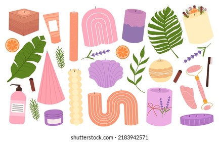 Various scented candles and beauty skin care tools, moisturizer and facial roller massager. Decorative wax candles for relax and spa. Hand drawn modern vector illustrations.