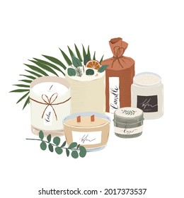 Various scented candles collection, perfumed natural wax soy candle in glass jar with wooden wick, composition decorated with tropical leaves, home spa ritual, hand drawn vector illustration