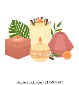 Varias velas perfumadas. Composición con velas de soja de cera natural y hojas tropicales. El ritual del spa residencial. Dibujo manual de la moderna ilustración vectorial.