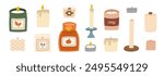 Various scented candles set. Collection of cozy aromatic candles. Aromatherapy and relaxation. Hand drawn flat vector illustration.