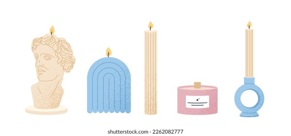 Various scented candles set. Collection of graphic elements for website. Aromatherapy and spa treatments. Comfort and cosiness in house. Cartoon flat vector illustrations isolated on white background