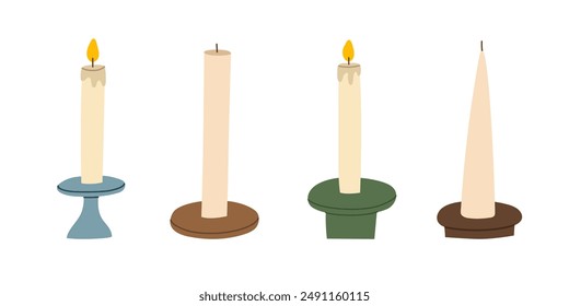 Various scented candles set. Collection of cozy aromatic candles. Aromatherapy and relaxation. Hand drawn flat vector illustration.