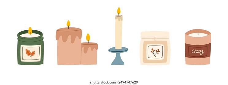 Various scented candles set. Collection of cozy aromatic candles. Aromatherapy and relaxation. Hand drawn flat vector illustration.