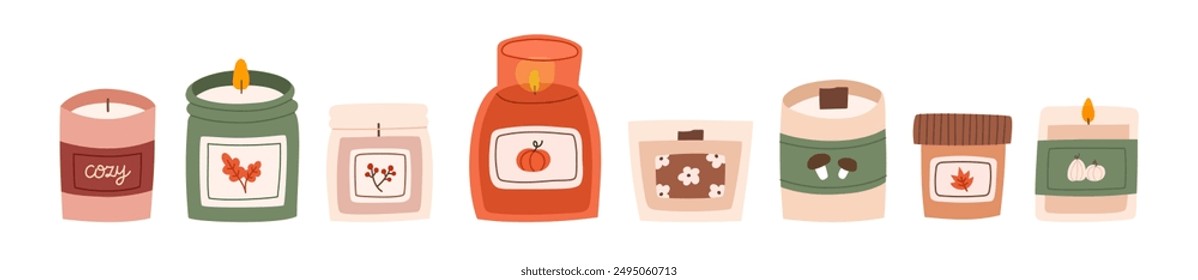 Various scented candles set. Collection of cozy aromatic candles. Aromatherapy and relaxation. Hand drawn flat vector illustration.