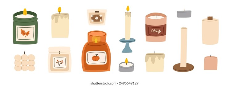 Various scented candles set. Collection of cozy aromatic candles. Aromatherapy and relaxation. Hand drawn flat vector illustration.