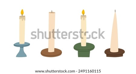 Various scented candles set. Collection of cozy aromatic candles. Aromatherapy and relaxation. Hand drawn flat vector illustration.