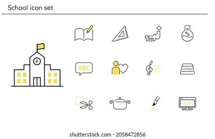 Various school icon set,yellow and black color,vector illustration