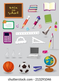 Various school related objects - blackboard, books, pen, pencil,globe, balls