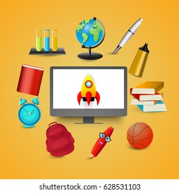 Diversas tiendas escolares con computadora de escritorio con fondo amarillo.
